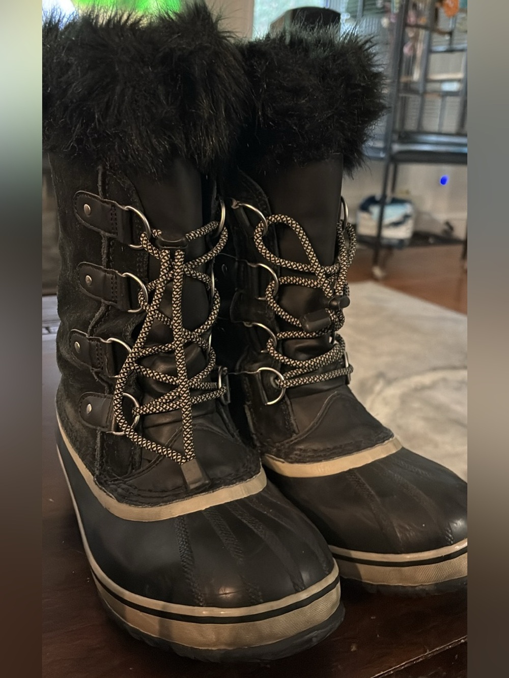 Sorel Black Faux-Fur Lace-Up Winter Boots with Tan Trim